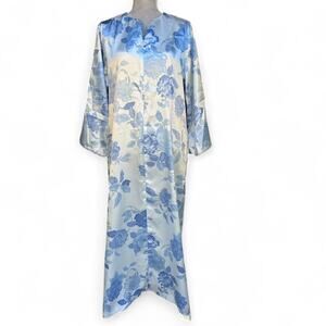 OSCAR DE LA RENTA Blue Floral Satin Robe Nightgown Kaftan Long Sleeve Medium